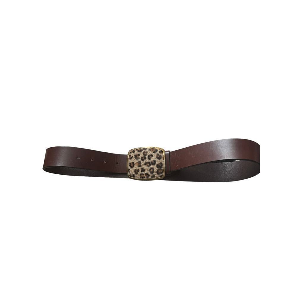 Vintage Old Navy Brown Genuine Leather Belt with Leopard Gold Buckle M